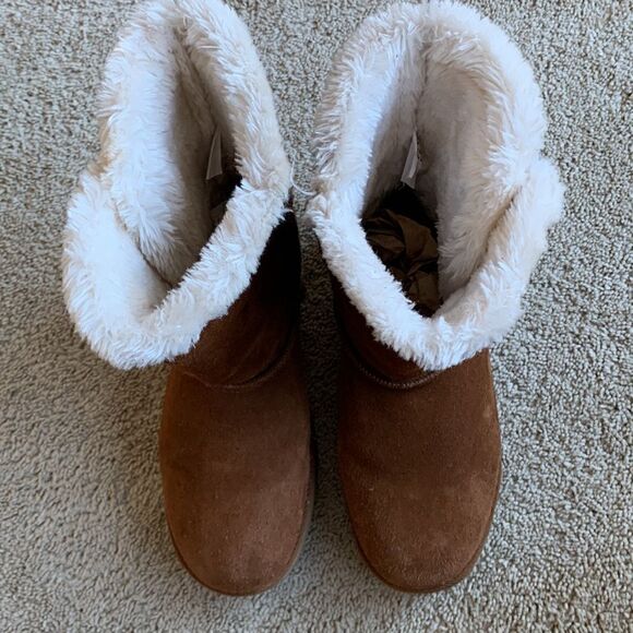 Chestnut Plush‎ Sherpa Fur Suede Leather Button Brown ugg style Boots Size 10 - Picture 6 of 9
